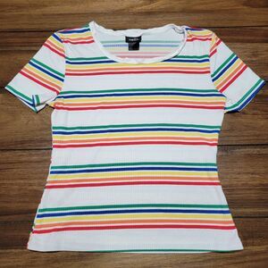 Rue 21 Girls SS Ribbed White w/ Color Stripes Tee